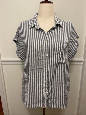 Orvis Linen Blend Striped Button Front Shirt Blue White Roll Sleeve Top Medium